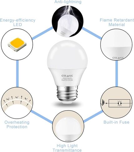 لمبة Cotanic A15 LED، مصابيح مروحة السقف 6 وات (ما يعادل 60 وات)، ضوء نهاري طبيعي 4000 كلفن، ضوء قاعدة E26 قياسي، 600 لومن، CRI 80+ لمبة على شكل كرة أرضية LED، غير قابلة للتعتيم، 6 عبوات in Kuwait