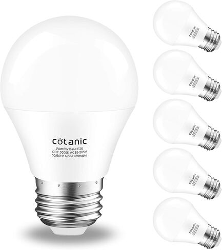 لمبة Cotanic A15 LED، مصابيح مروحة السقف 6 وات (ما يعادل 60 وات)، ضوء نهاري طبيعي 4000 كلفن، ضوء قاعدة E26 قياسي، 600 لومن، CRI 80+ لمبة على شكل كرة أرضية LED، غير قابلة للتعتيم، 6 عبوات in Kuwait