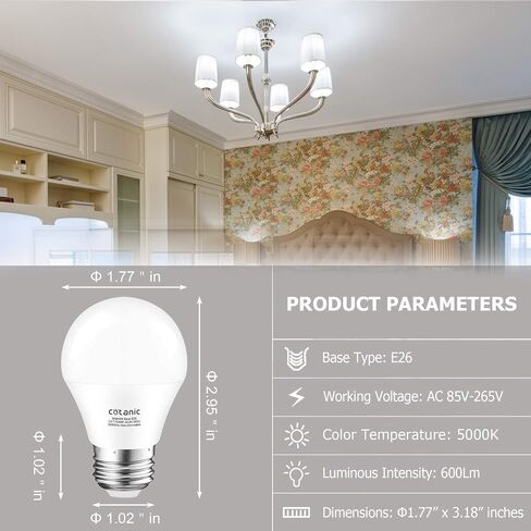 لمبة Cotanic A15 LED، مصابيح مروحة السقف 6 وات (ما يعادل 60 وات)، ضوء نهاري طبيعي 4000 كلفن، ضوء قاعدة E26 قياسي، 600 لومن، CRI 80+ لمبة على شكل كرة أرضية LED، غير قابلة للتعتيم، 6 عبوات in Kuwait