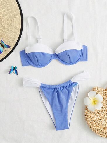 GORGLITTER Women's Two Piece Color Block Underwire Swimsuits Ruched High Waisted Thong Bikini Sets in Saudi Arabia