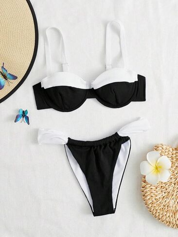 GORGLITTER Women's Two Piece Color Block Underwire Swimsuits Ruched High Waisted Thong Bikini Sets in Saudi Arabia