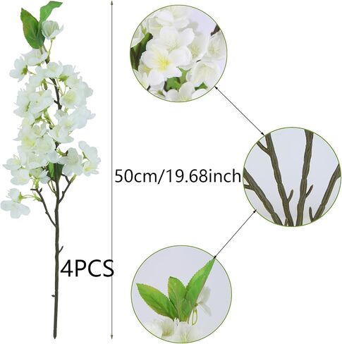 CISDUEO 4 Pcs Artificial Cherry Blossom Flower Stem Branches White Silk Plum Blossom Flowers with Leaves Fake Peach Flowers Vase Arrangements for Spring Table Centerpieces Wedding Indoor Outdoor Decor in Saudi Arabia