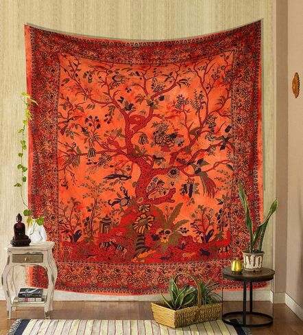 Bless international Tapestry Tree of Life Wall Hanging Psychedelic Tapestries Indian Cotton Bedspread Picnic Sheet Wall Decor Blanket Wall Art Hippie Bedroom Decor (Turquoise Tree of Life, (88 X 104 in Saudi Arabia