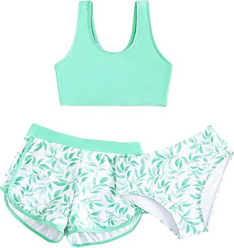 OYOANGLE Girl's 3 Piece Bikini Set Sleeveless Scoop Neck Wireless Top and Tropical Printed Bottom Bathing Suit in Saudi Arabia
