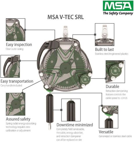 MSA 63215-00A V-TEC Standard Self Retracting Lanyard - Galvanized Cable - 50' (15m) Length, 3/16" Cable Diameter, Aluminum Swivel Triple-Lock Carabiner, Clear Housing, Durable in Saudi Arabia