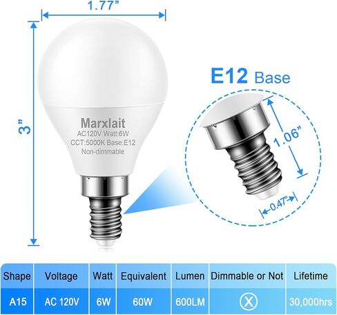 8 Pack E12 Ceiling Fan Light Bulbs, 60W Equivalent, Daylight White 5000K, Small Base LED Candelabra Light Bulb, Bright A15 LED Bulb, 120V, Non-dimmable in Saudi Arabia