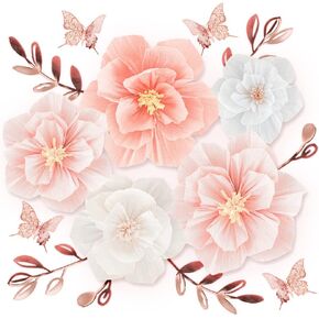 LOLPI Paper Flowers Set,Reusable Foldable DIY Wall Flowers with Artificial Leaf and Butterfly Decorations for Wedding and Event Party (Pink White)