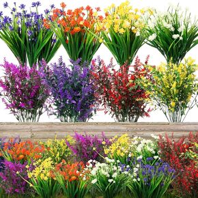 Zeyune 24 Bundles Artificial Flowers Outdoor Fake Flowers Bulk UV Resistant Fake Wildflowers Artificial Cemetery Flowers for Home Decor Outside Indoor Vase Pots Hanging Planters Decoration (Elegant)