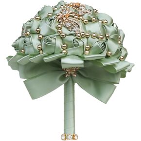 Bridal Wedding Bouquet Round Holding Bouquet Throw Toss Artificial Rose Flower Bunch for Bride Bridesmaid Wedding Quinceanera(Sage Green, 7.1")