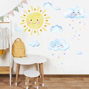 Large Sun Wall Decals，Watercolor White Clouds Wall Sticker，Boy girl room decoration sun stickers，Peel and Stick Removable sun and White Clouds Wall Decor,for boys and girls room, children's bedroom.