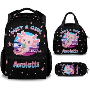 Axolotl Backpack for Girls, 16 Inch Black Backpacks for School, Cute Lightweight Bookbag for Kids