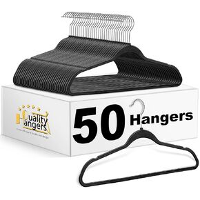 Quality Hangers 50 Pack Slim Plastic Hangers for Clothes - Heavy Duty Non-Velvet Black Hangers with 360° Swivel Chrome Hook & Non Slip Notches - Ideal for Dresses Coats Shirts Jackets & More - Black