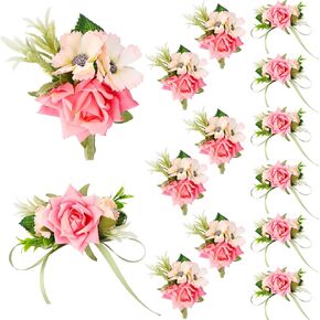 12 Pcs Boutonniere and Corsage with Pins Prom Flower Wrist Corsages Corsage for Men Women Groom Bride Groomsmen Wedding Ceremony Anniversary Dinner Party Decor