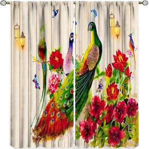 Peacock Blackout Curtains,Beautiful Blue Peacock Butterfly Flower Theme Print Pattern,Living Room Bedroom Window Drapes 2 Panel Set for Girls Boys Room Decor Tie Up Window Curtains Living Room 42x45in