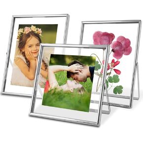 Silver Floating Picture Frames - Set of 3, for Photo Size 4×4, 4×6, 5×7, Vertical Tabletop Display, Metal Glass Frame for Wedding, Home or Office Desk Decoration (Silver)
