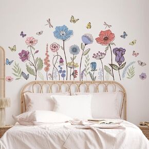 Flower Wall Decals Wildflower Grass Wall Stickers Vintage Floral Butterflies Dragonfly Wall Art Sticker Peel and Stick Bedroom Nursery Wall Decor