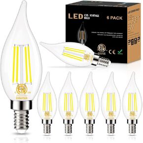 GOLSPARK E12 Candelabra LED لمبة عكس الضوء، 60W ما يعادل 4000K ضوء النهار نوع B مصابيح الثريا، E12 قاعدة خمر خيوط لهب طرف واضح لمبات الشموع الزجاجية، 550 لومن، حزمة من 6