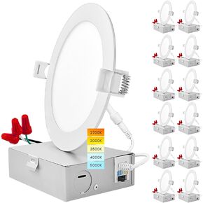 LUXRITE 12-Pack 5 Inch Ultra Thin LED Recessed Light with Junction Box, 12W, Color Selectable 2700K | 3000K | 3500K | 4000K | 5000K, Dimmable Wafer Lights, 1000 Lumens, ETL & Energy Star, IC Rated