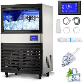 Commercial Ice Maker Machine 100LBS/24H, Undercounter Ice Maker with 27LBS Storage Bin, LCD Panel with Blue Light, Electric Drain Pump, Water Filter & Scoop, Ice Maker for Business, Home, Bar, Coffee