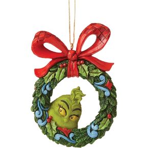 Enesco Jim Shore The Grinch Face Peeking Through a Wreath Hanging Ornament, 3.54" H, Multicolor for Christmas