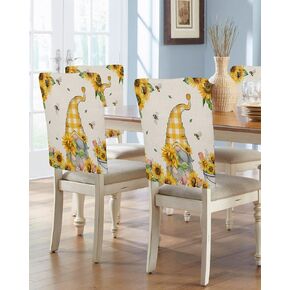 Spring Summer Bee Gnomes 4 Packs Dining Chair Back Cover,Kitchen Dinner Chair Seat Covers Washable Chair Slip Covers,Sunflower Bumble Bee Yellow Plaid Removable Slipcovers Protect for Dinning