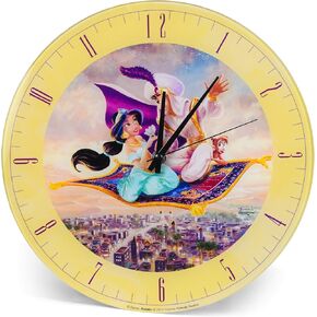 Mark Feldstein & Associates Aladdin and Jasmine Disney Kinkade Pale Yellow 12 inch Glass Round Wall Clock
