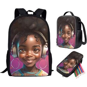 African Girl Bookbags and Lunch Box,American Black Girls School Backpack Kindergarten Preschool Elementary Bookbag for 2Nd/3Rd/4Th/5Th 6Th Grade