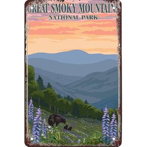 Big Smoky Mountain National Park, Tennessee, Bears And Bears And Flowers Funny Retro Tin Sign Wall Art Decoration 12x8 Inch