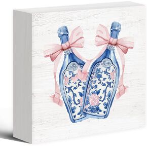 Preppy Trendy Coquette Room Wood Box Sign Desk Decor, Bow Chinoiserie Vase Decor, Girly Coquette Wooden Block Sign Decorations for Home Bathroom Dorm Girls Room Wall Tabletop Shelf Decor