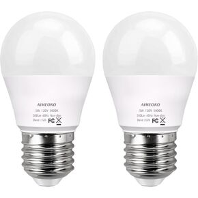 A15 LED Bulb G45 Refrigerator Light Bulb E26 Base 5W (40Watt Equivalent) 120V 600Lm Daylight White 5000K Freezer Home Lighting Lamp Waterproof Non-dimmable (2 Pack)