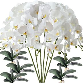 6 Pcs Artificial Phalaenopsis Flowers with 5 Bundles Leaves Artificial Orchid Flowers Stem Plants for Home Décor