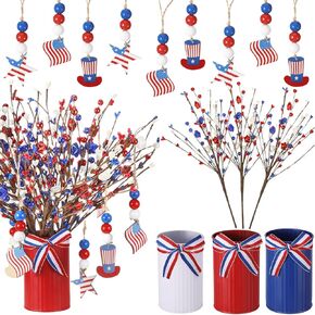 21 Pcs Patriotic Artificial Berry Stem Picks with White Blue Red Stars Vase for 4th of July Independence Day Pentagram Faux Berry Branches Decoration for Home Office Restaurant Vase Décor