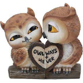 Ebros Romantic Kissing Love Owl Couple Decor Statue 2 Piece Set Decorative Figurine Valentines Birds Pair of Owls Holding Heart Shaped Sign Saying Owlways 4Ever