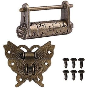 Antique Character Combination Locks with Key & Latch Hasp Set, Vintage Jewelry Gift Box Decorative Padlock Lock Hardware Latch Set for Wood Box, Password Lock