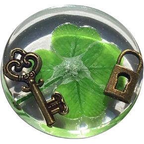 Real Four Leaf Clover Good Luck Pocket Token, Preserved, 1.25" (Including Metallic Lock and Key Objects)