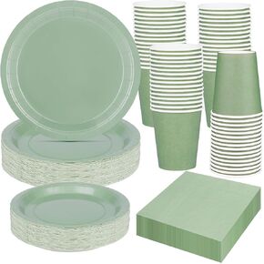 TWOWYHI 200PCS Sage Green Party Supplies Sage Green Paper Plates Set for Sage Green Party with 50Guests 7"and 9" Disposable Sage Green Plates Napkins Cups for Birthday Bridal Shower Wedding Parties
