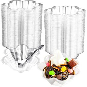Clear Bowls, 100 PCS Ice Cream Cups, Disposable Clear Appetizer Serving Cup for Dessert Cake Snack Sundae Salad Nuts Snack for Party Favor Wedding Flower Shape (8 OZ)