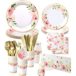 Floral Plates and Napkins Party Supplies - Serves 16 - Flower Paper Plates Floral Party Cups Floral Baby Shower Decorations for Girl Pink and Gold Bridal Shower Tea Party Flower Birthday Decorations