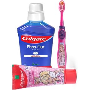 Colgate Kids Barbie Complete Dental Care Strawberry Flavour Toothpaste 80g and PhosFlur Mint MouthWash 500ml with Toothbrush Extra Soft with Tongue Cleaner for Children above 6 years