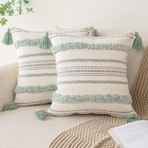 Boho Throw Pillow Covers 12x20 Set of 2 Woven Tufted Farmhouse Pillows Cover with Tassels Textured Striped Cushion Case Lumbar Pillow Cases Decorative Pillowcase for Sofa, Bed, Dark Blue