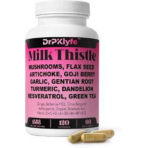 Milk Thistle,Mushroom,Flax See,Artichoke, Goji Berry, garlic, Turmeric, Dandelion, Resveratrol and Green Tea Extract: 1588 mg for LIVER health.