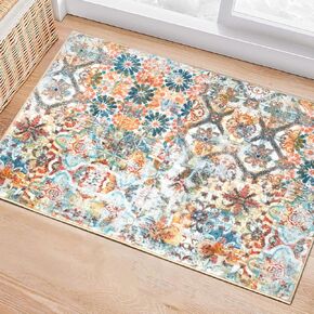 3'x5' Washable Rugs, Boho Area Rug, Throw Rug with Non-Slip Indoor Door Mat, Area Rug for Bedroom, Living Room, Kitchen Decor, Vintage Low Pile Entry Way Rug (3'x5')