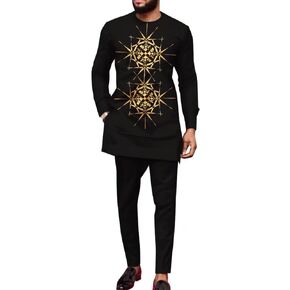 African Clothing for Men 2 Piece Sets Long Sleeve Dashiki African Shirts and Pant Gold Print Men African Attire Sets
