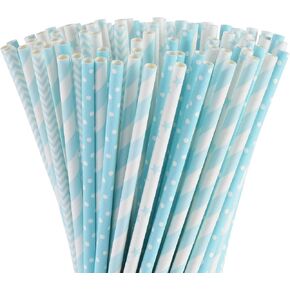 ALINK Biodegradable Light Blue White Paper Straws, Pack of 100 Party Straws for Juice, Cocktail, Smoothies, Birthday, Wedding, Bridal/Baby Shower and Christmas Decorations Supplies