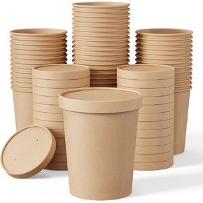 50pack 8oz Paper Soup Containers with Lids, Disposable Kraft Paper Food Cups, Ice Cream Cups, Paper food Storage with Lids, Microwavable and Freezer Safe, Suitable for Christmas Thanksgiving (Brown)