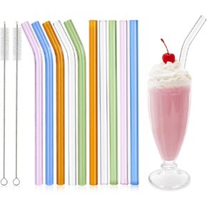 10 Pcs Reusable Glass Smoothie Straws,9''x12 mm Glass Drinking Straws for Milkshakes, Tea, Juice,Set of 5 Straight and 5 Bent with 2 Cleaning Brushes -Dishwasher Safe(Colorful)