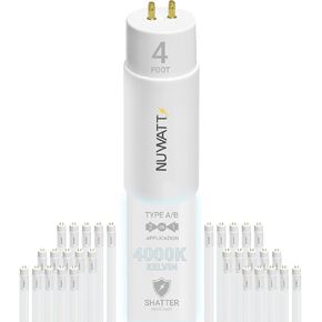 NUWATT 30 Pack 4 FT LED T8 Tube Light, T10 T12 Hybrid Type A+B, 3000K Warm White, 18W, High Brightness 2,200 Lumens, Plug & Play OR Ballast Bypass Fluorescent Tube Replacement, Single or Double Ended