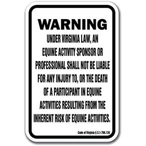 Virginia Equine 12" x 18" Aluminum Sign Warning Statute Horse Farm