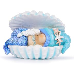 Hodao Mermaid Gnome Figurine - Blue Ocean Decor for Indoor/Outdoor Use, Summer Beach Theme Resin Ocean Conch Elf Statue Decoration Perfect for Home, Patio, Lawn, Courtyard, and Bookshelves（Conch）