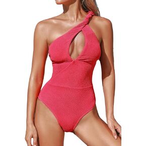 CUPSHE Women's One Piece Swimsuit One Shoulder Bathing Suit Cutout Asymmetrical Neck Back Self Tie Jacquard